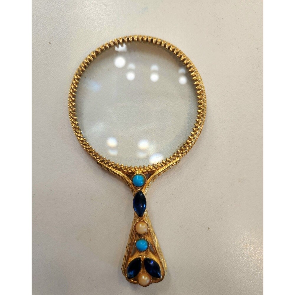 Vintage Signed FLORENZA Gold Tone Handheld Magnifying Glass Faux Turquoise